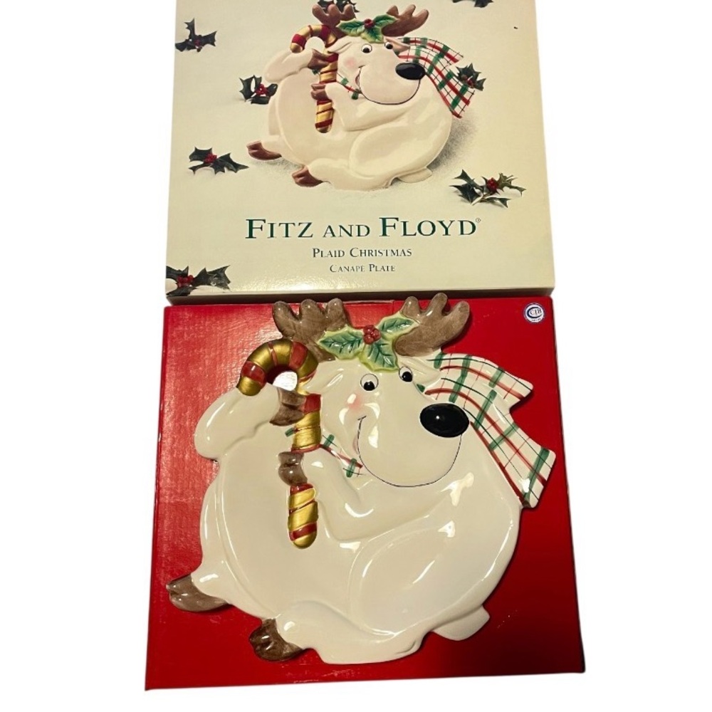 Vintage 1980Fitz & Floyd Christmas Reindeer Canape Plate Cookies Candy Tray 10" - Picture 2 of 4
